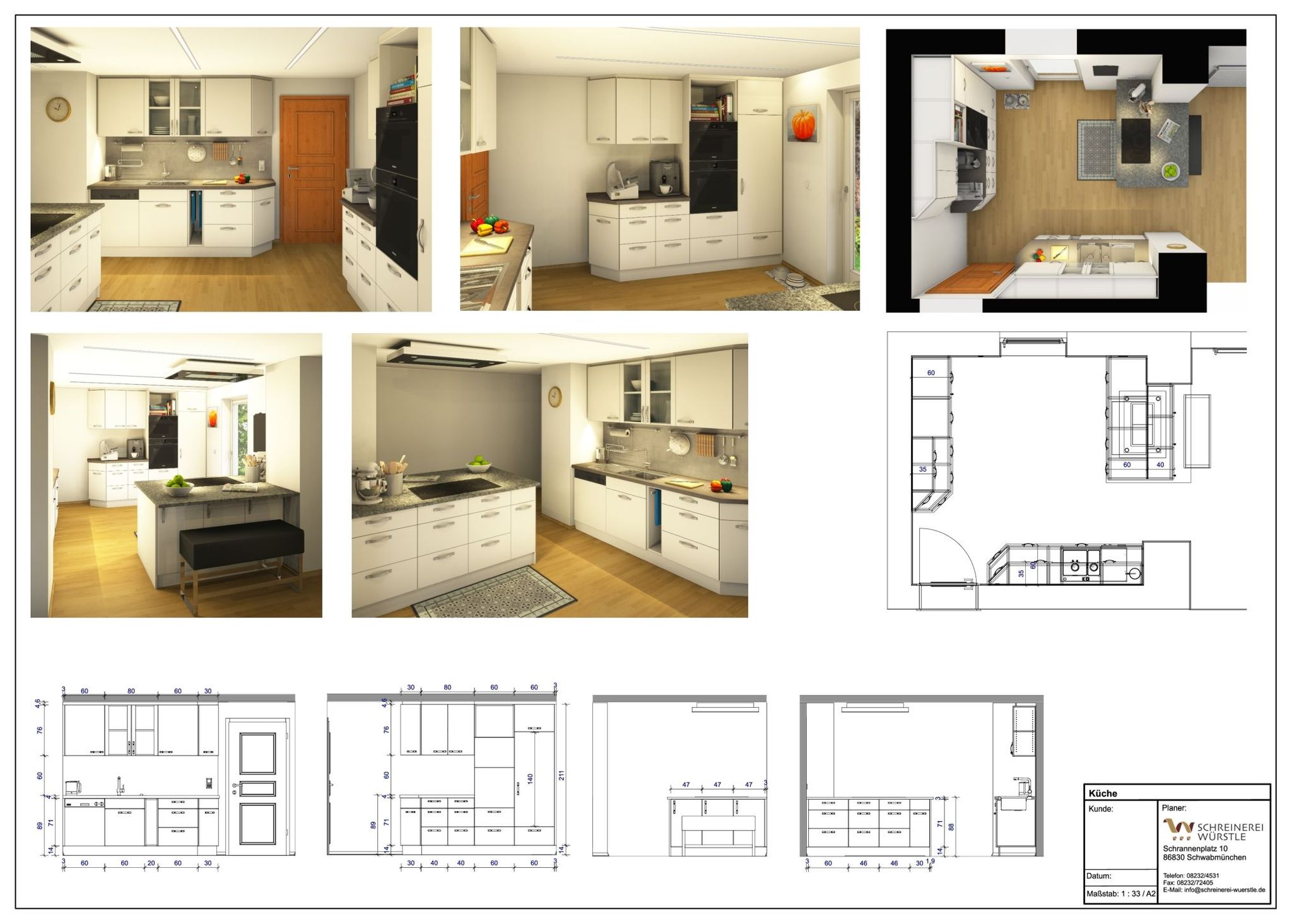 Ein 3D-Rendering einer Küchenplanung und Grundriss- und Aufmaßzeichnungen